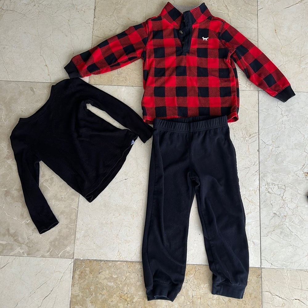 Buffalo print boys, fleece line outfit, and black thermal shirt